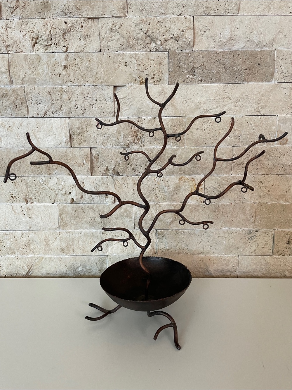 Rustic Metal Jewelry Tree Stand in Dark Brown Brass